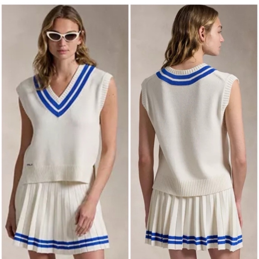 RLX Ralph Lauren Cream Knit Tennis Vest and Pleated Skort with Blue Trim NWT